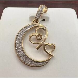 Diamond Moon Double Heart Pendant 10k Gold Charm